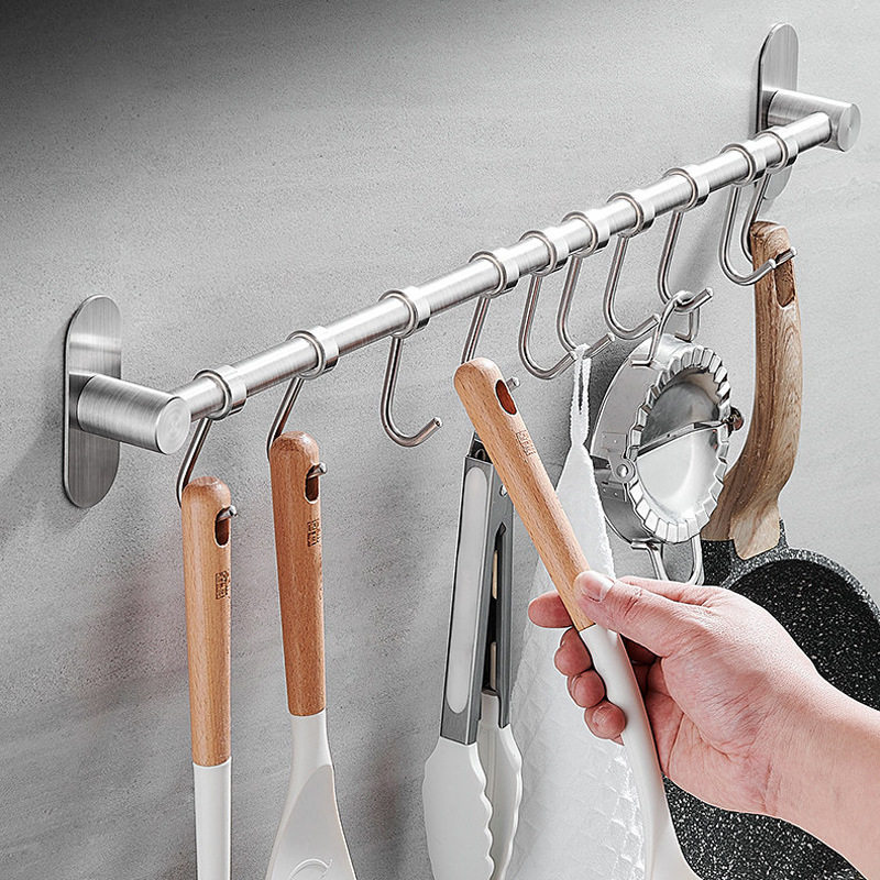 厨房挂钩免打孔304不锈钢勺子活动排钩挂架挂杆置物架挂勾收纳架