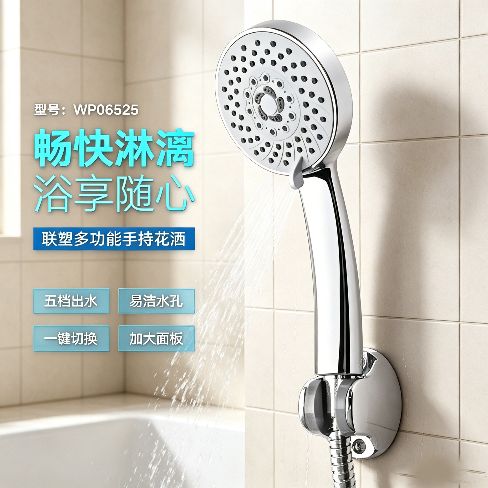 联塑多功能手持花洒壁挂五档出水一键切换加大面板淋浴喷头莲蓬头