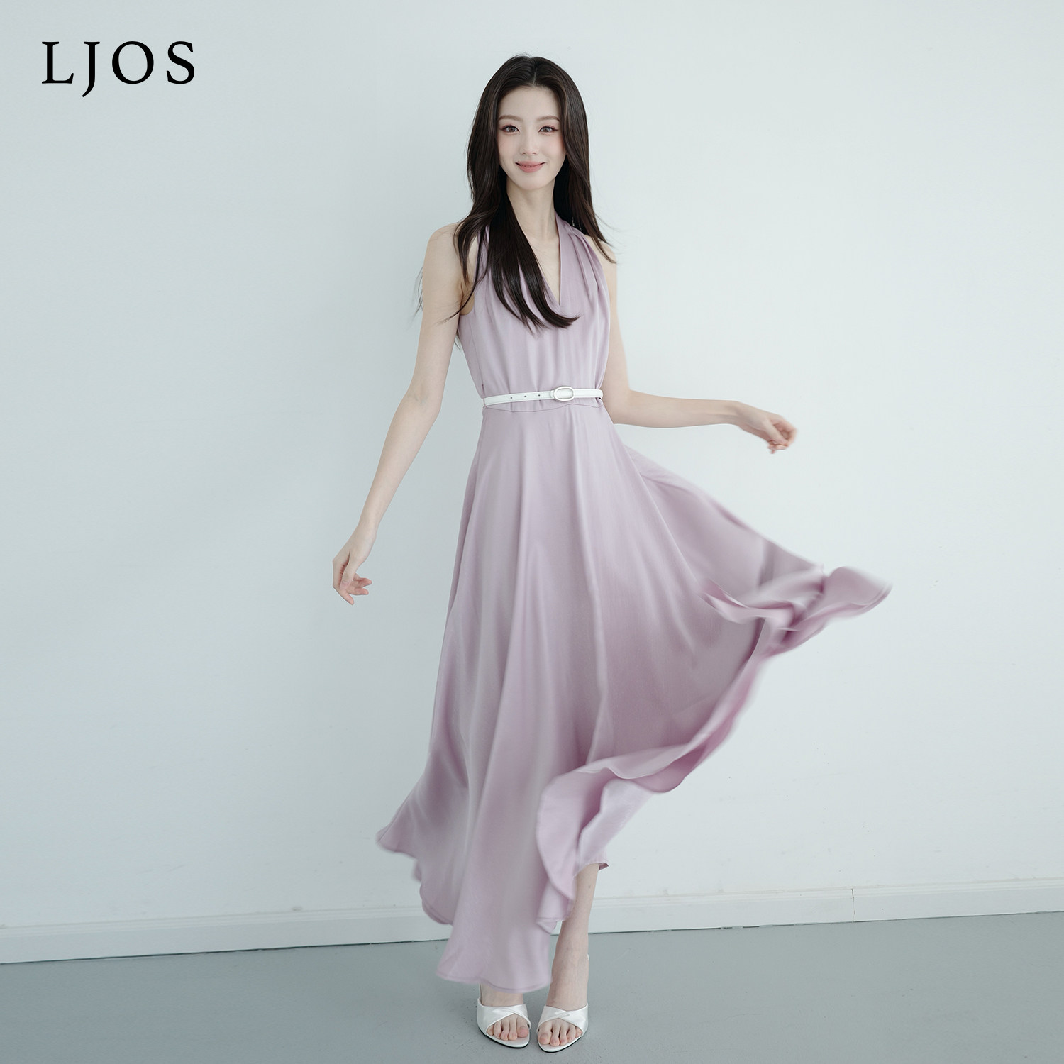 LJOS | 发光面料!流光烫闪丁香冷紫挂脖醋酸连衣裙幻彩约会气质