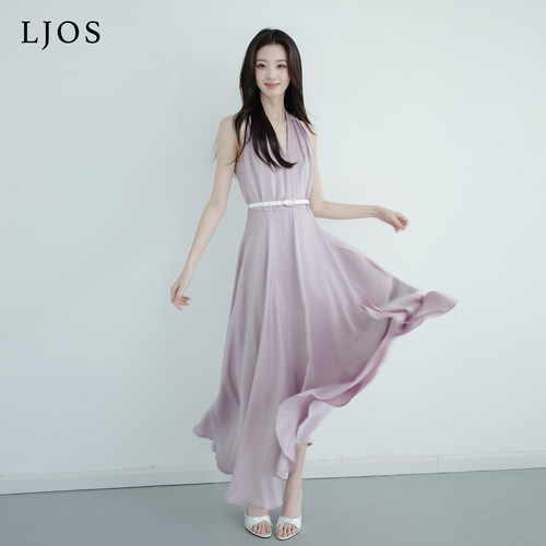 LJOS | 发光面料!流光烫闪丁香冷紫挂脖醋酸连衣裙幻彩约会气质
