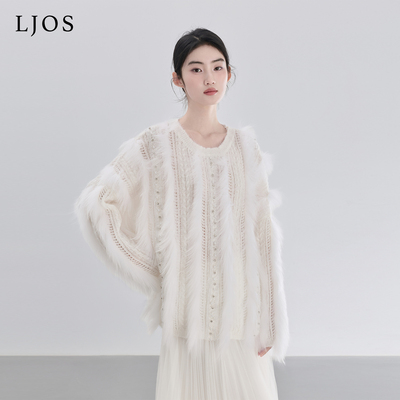 LJOS | 雾雪白狐狸毛拼接针织衫2025冬钉钻温柔宽松高级感毛衣
