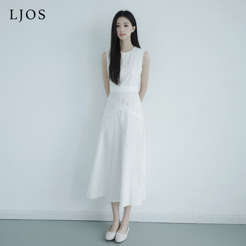 LJOS |皓月白蕾丝装饰修身无袖连衣裙2026夏季新品白色长裙显瘦