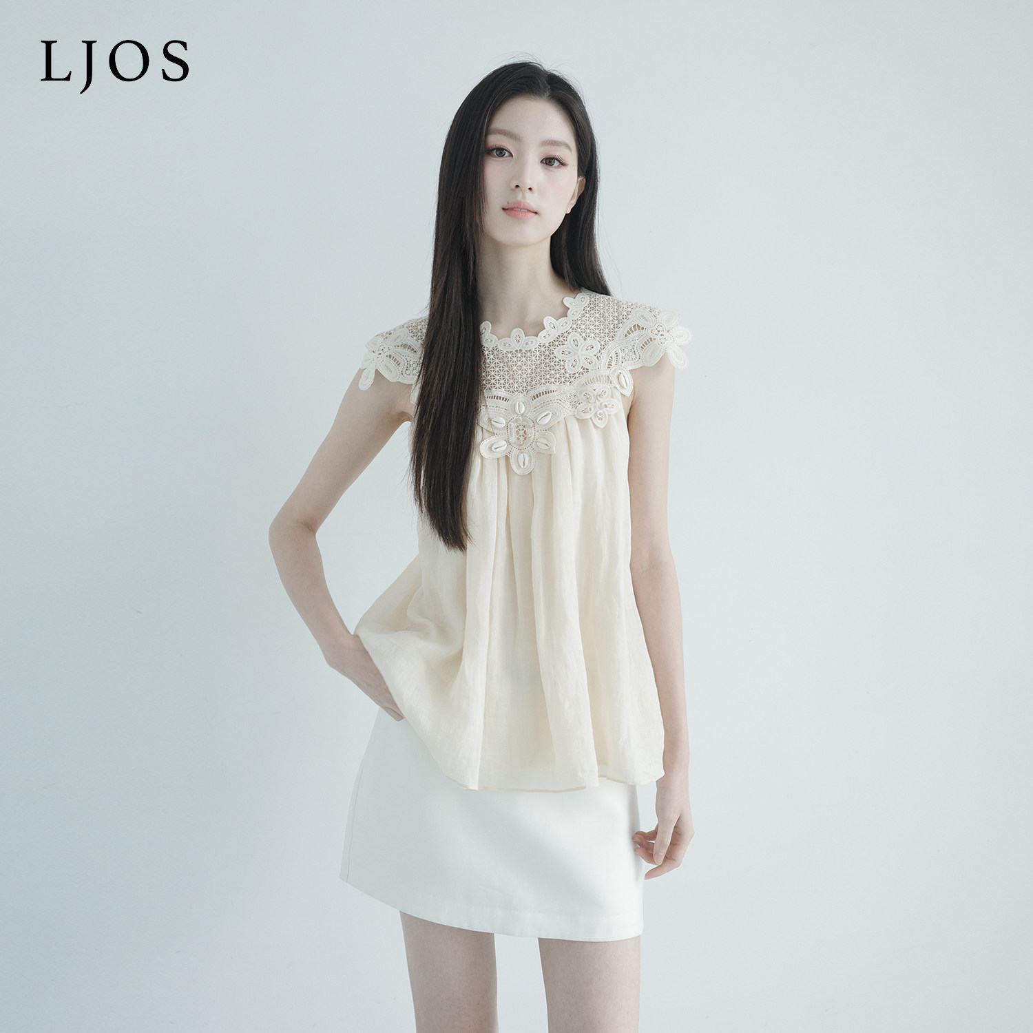 LJOS |柔杏色贝壳装饰镂空蕾丝苎麻衬衫2026夏季新品杏色无袖上衣