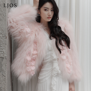 LJOS｜蜜桃糖霜花朵装饰貉子毛皮草2025秋冬保暖粉色真皮草外套