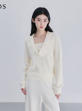 LJOS | 奶杏色V领珍珠装饰针织衫2025冬羊毛显瘦毛衣修身