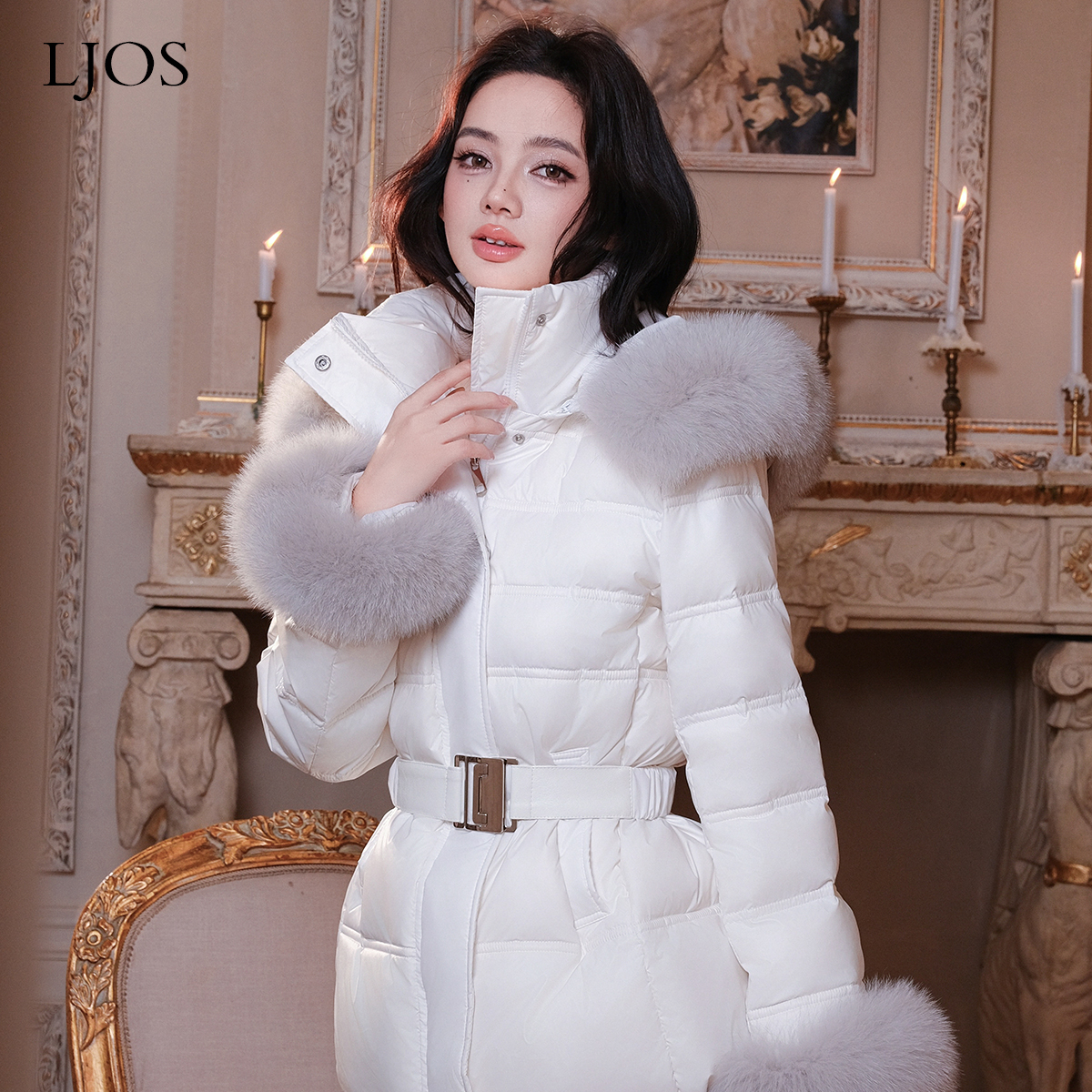 LJOS浅灰色狐狸毛腰带羽绒服大毛领连帽秋冬白鸭绒白色外套显瘦