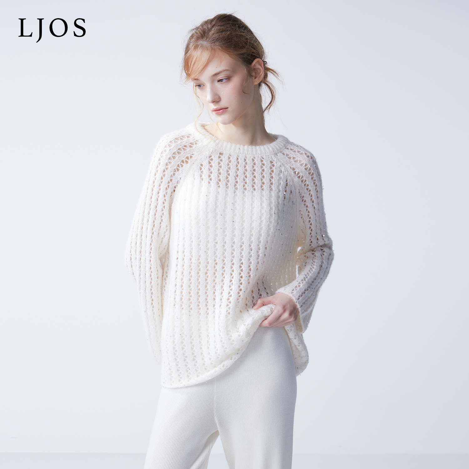 LJOS｜白霜织梦镂空钩织绑带亮片羊绒毛衣2025早秋白色长袖针织衫