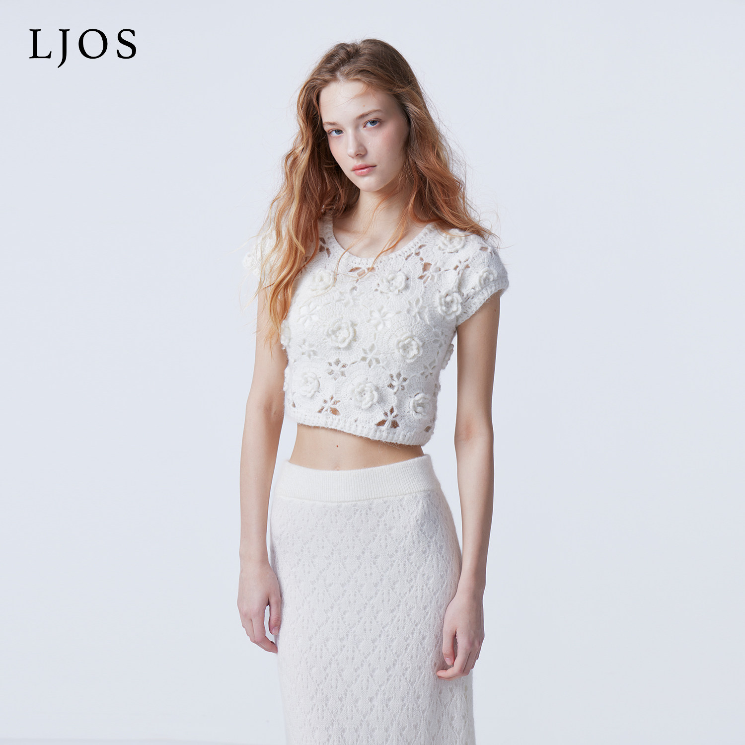 LJOS｜立体花朵手工编织针织衫奶白色嫩粉色2025早秋短袖