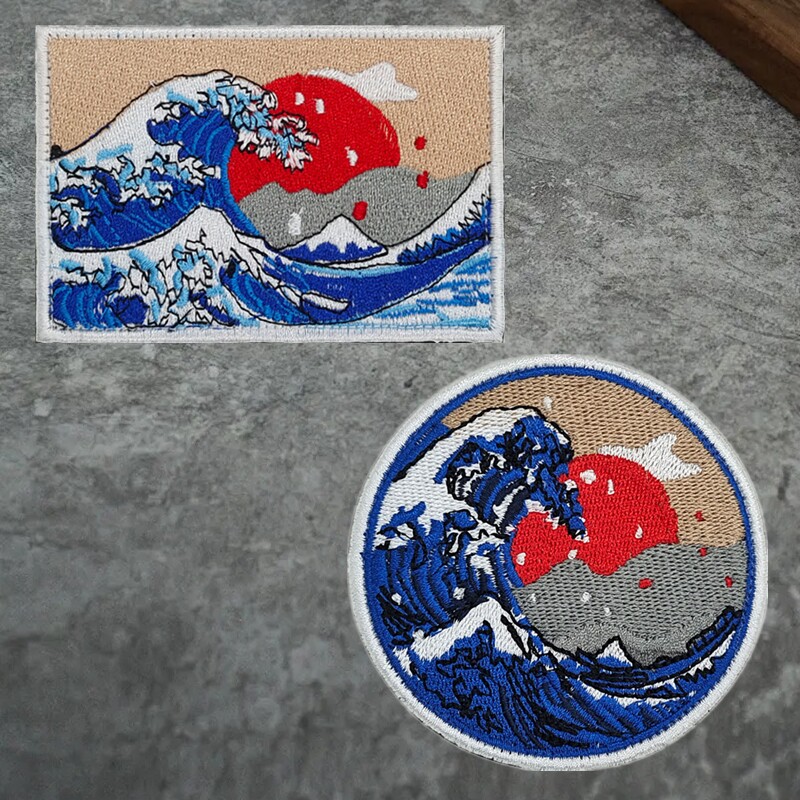 富士山日出海浪神奈川冲浪里刺绣魔术贴臂章 大浪 旅行风景士气章