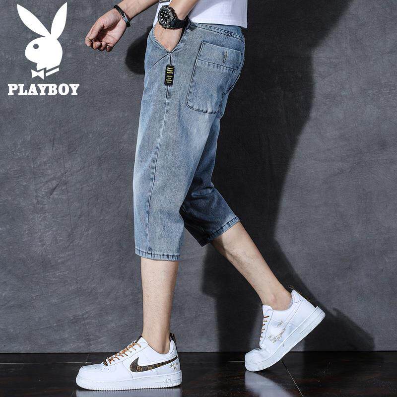 花花公子七分牛仔短裤男士夏季薄款潮流潮牌修身百搭休闲裤子男裤