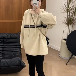 针织衫 时尚 慵懒风中长款 学院风条纹连帽毛衣女薄款 上衣 w2025春季