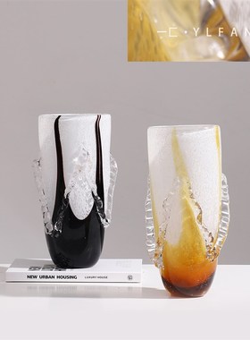 一匚 现代创意琉璃水波纹艺术花器 样板间酒店会V所客厅装饰摆件