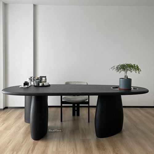 新中式实木茶桌高端简约胡桃木茶台客厅家用椭圆形复古侘寂风桌子