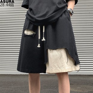 装 破洞毛边拼接五分短裤 夏季 潮牌胖子宽松直筒裤 街头 男加肥加大码