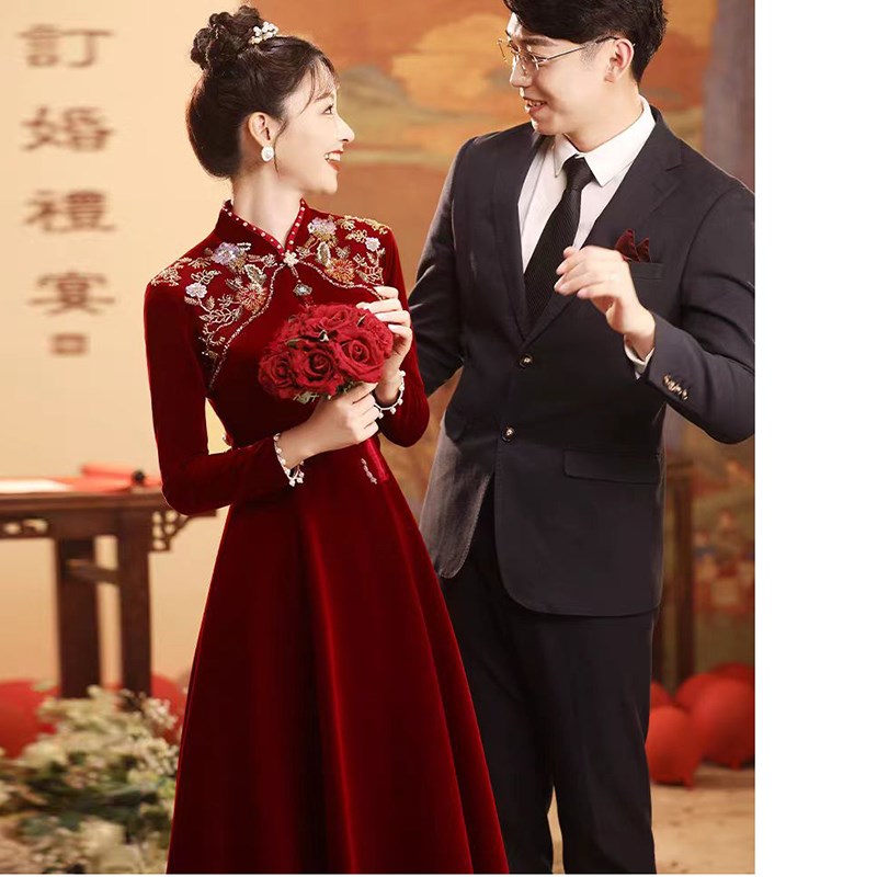 大码胖mm孕妇新中式订婚服改良旗袍敬酒服M新娘高腰遮肚子结婚礼