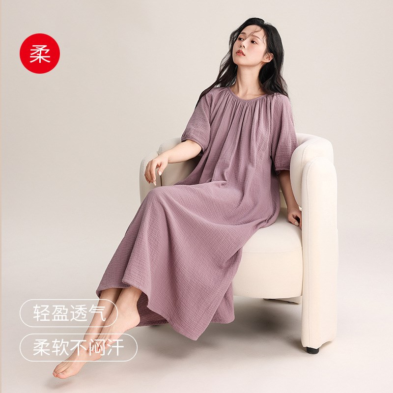春夏睡裙薄款女士圆领套头宽松休闲双G层纱全棉短袖长款睡袍家居