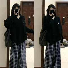 大码胖mm秋冬季小个子黑色毛衣慵懒风显瘦格子阔腿W裤两件套装女