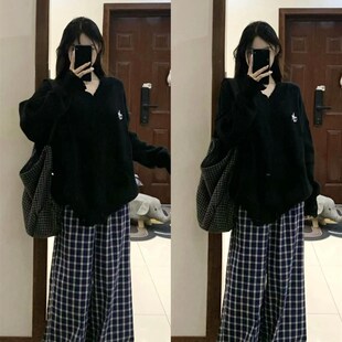女 大码 胖mm秋冬季 小个子黑色毛衣慵懒风显瘦格子阔腿W裤 两件套装