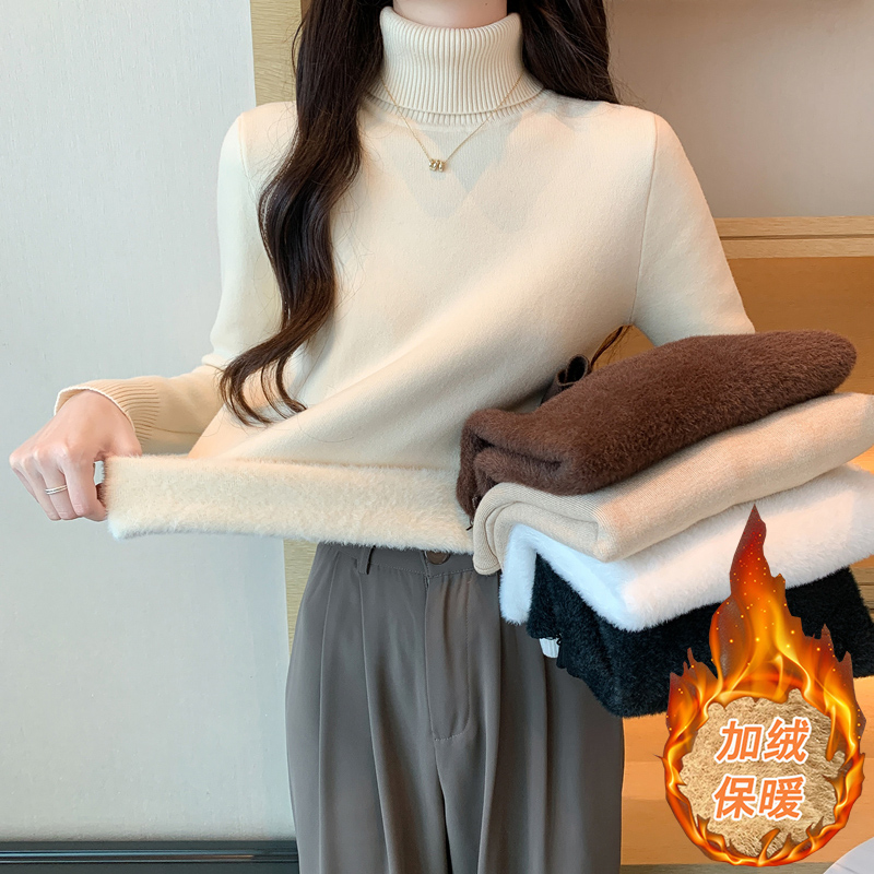 一体绒打底衫女士秋冬季r新款加绒加厚保暖内搭高领毛衣针织衫上