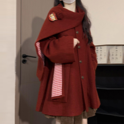 圣诞新年红色围巾斗篷毛呢外套女秋冬2025新款韩系高级感呢子大衣