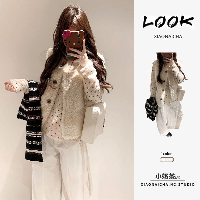 日系复古羊羔毛马甲外套女秋冬小个子穿搭叠穿针织衫上衣两件套装