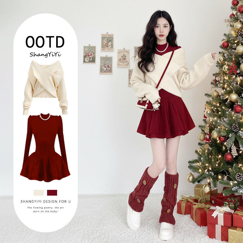 圣诞红色氛围感连衣裙2025新款冬季江浙沪富家千金穿搭甜美套装裙