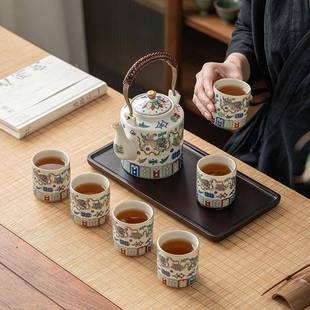 大容量茶壶家用简约茶杯送托盘礼盒装 复古国潮风提梁壶茶具套装