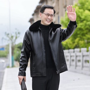 中老年皮衣男士 加绒加厚爸u爸装 外套新款 翻领宽松夹克外套秋冬季