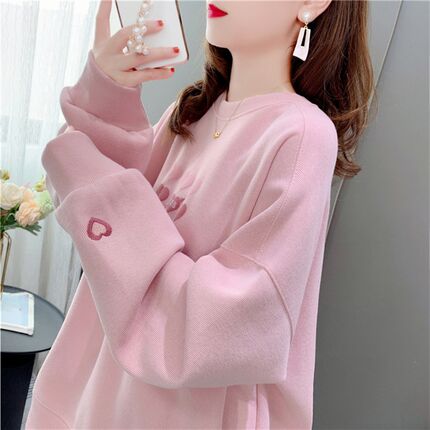 圆领刺绣爱心卫衣女加绒2023年新款秋冬韩版宽松慵懒风小个子上衣