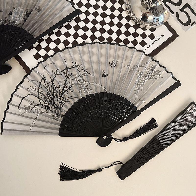 夏天扇子折扇国风新中式古风小扇子黑色简约耐用儿童竹扇随身携带