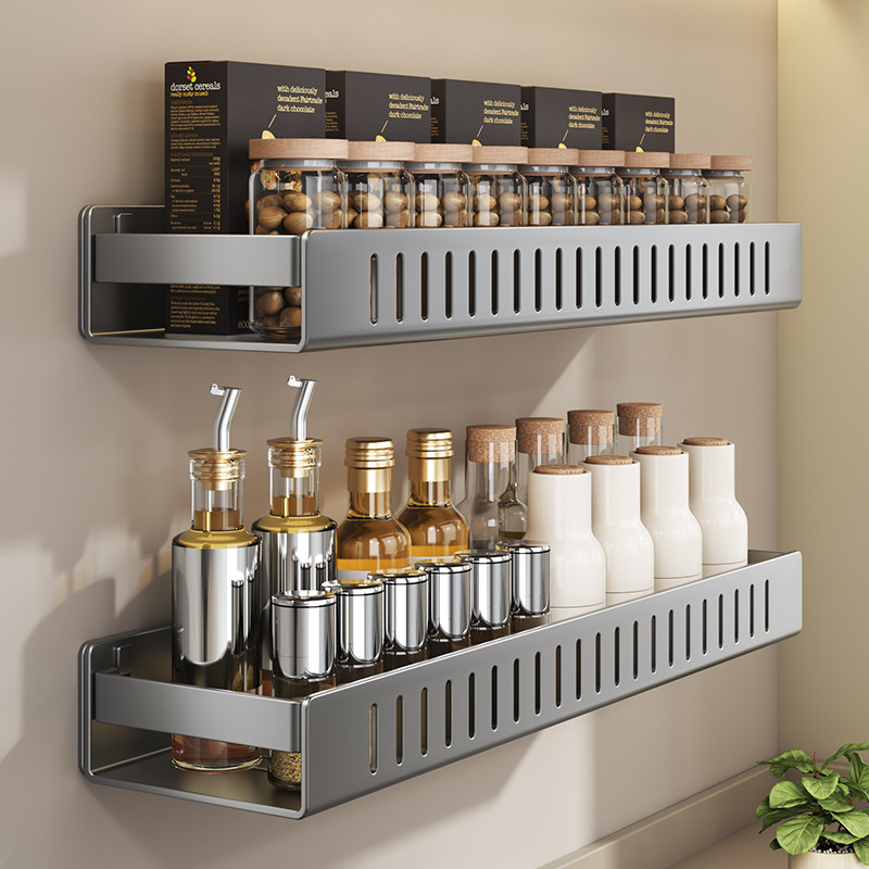 枪灰厨房置物架加厚承重免打孔调味料架墙壁挂多功能调料品收纳架