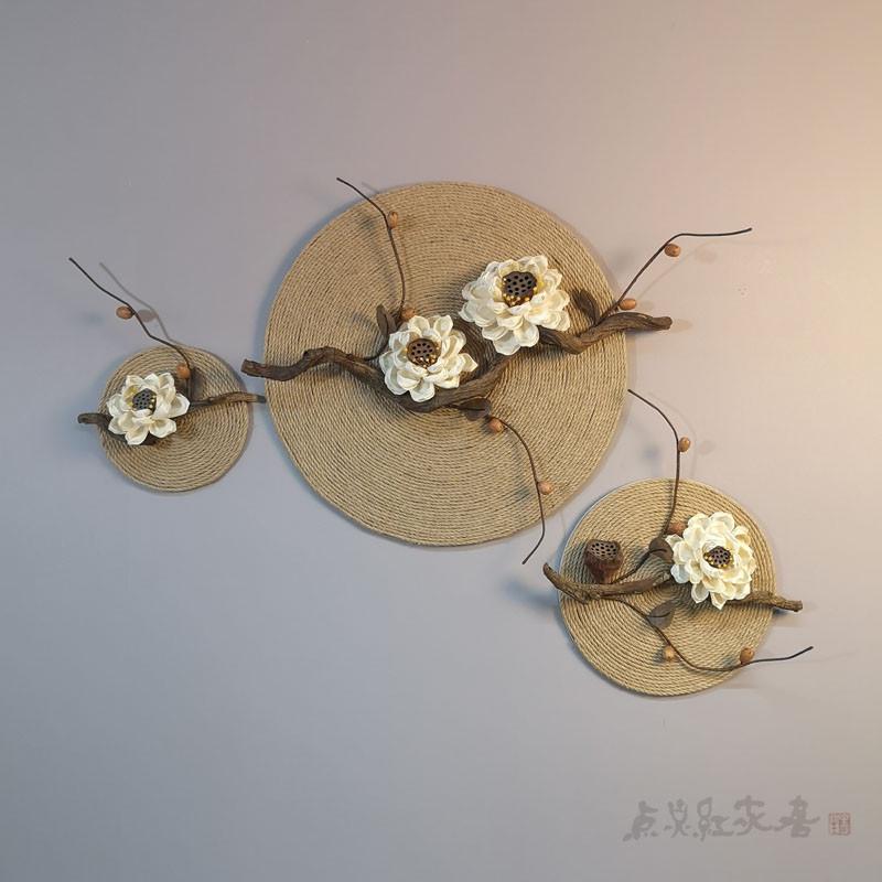睡莲清韵麻绳圆形装饰画禅意新中式家居壁饰挂件干花玄关民宿墙