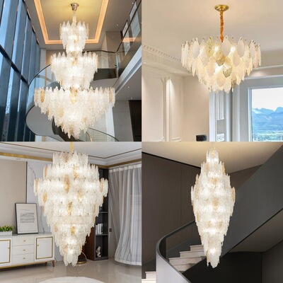 法式旋转楼梯长吊灯复式楼客厅水晶吊灯楼中楼别墅跃层树叶大吊灯