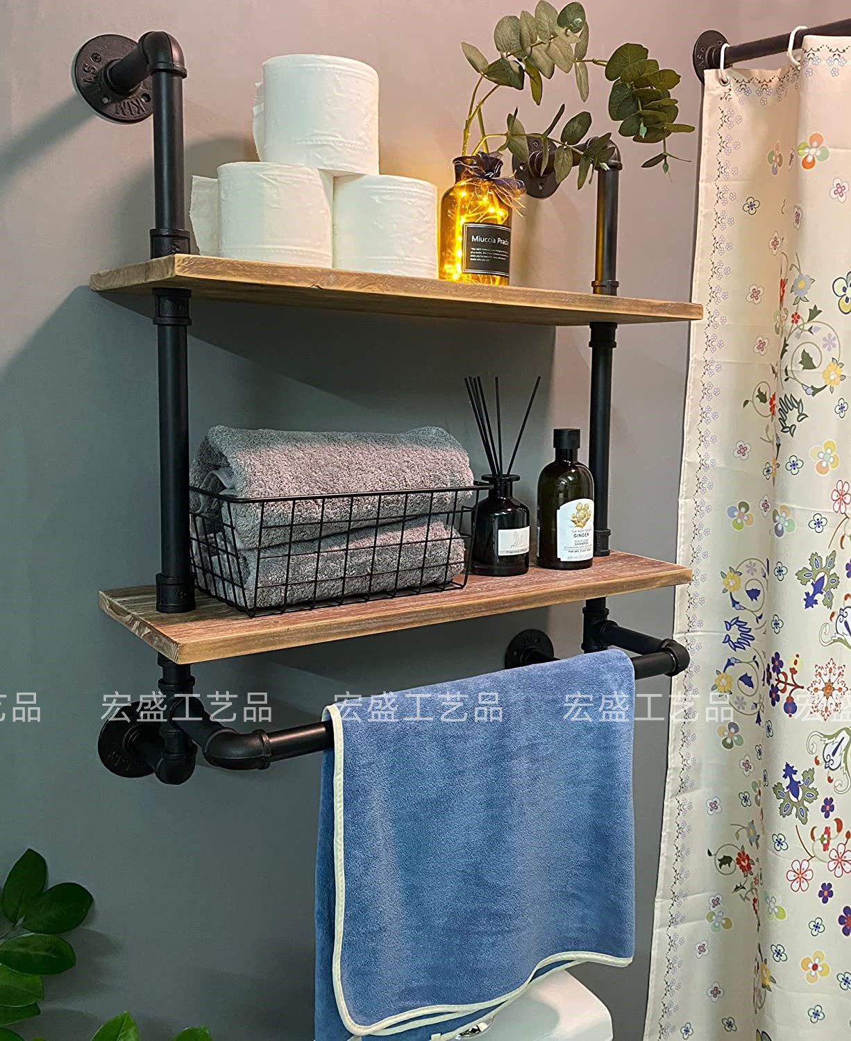 美式工业风轻奢复古铁艺水管壁挂双层置物收纳架实木搁板简易衣橱