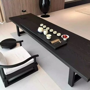 新中式黑色茶桌茶台榻榻米碳化白蜡木实木阳台矮桌简约飘窗炕几