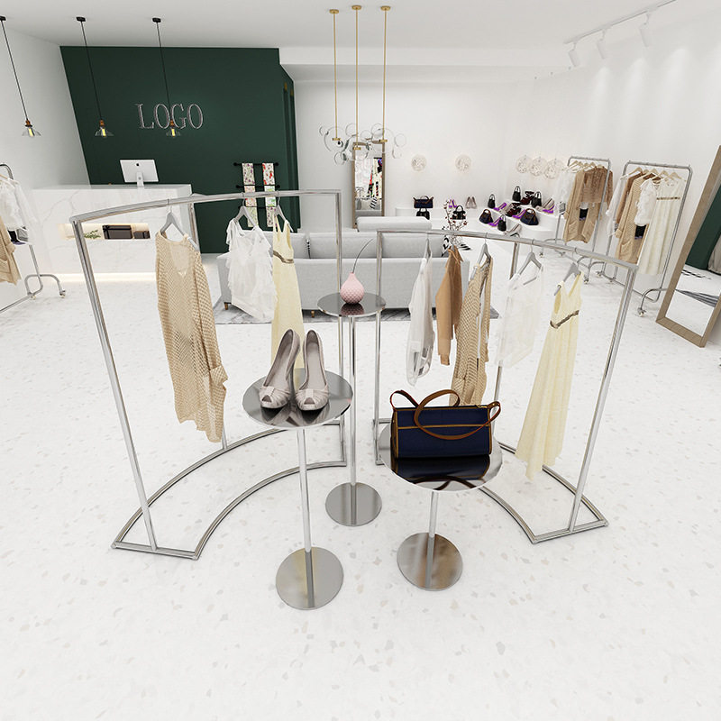 服装展示架不锈钢拉丝银高低半圆形挂衣杠子服装店橱窗展示流水台