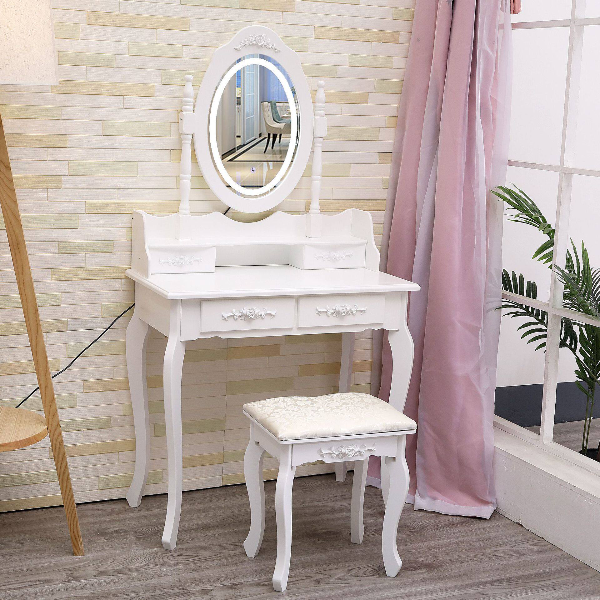 现代简约实木单镜化妆桌 欧式带灯五抽梳妆台卧室化妆桌 梳妆凳