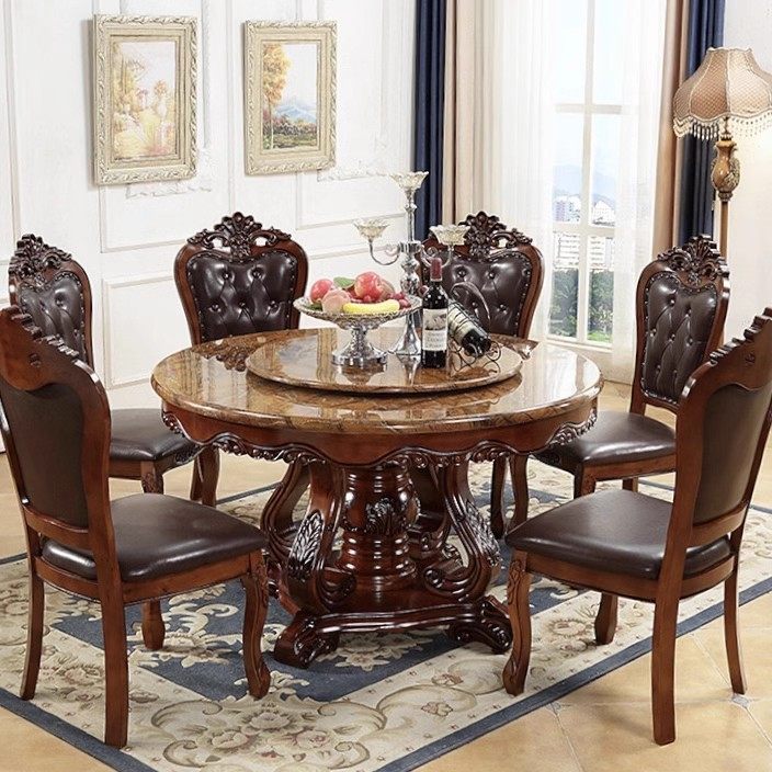 欧式大理石圆桌实木雕花豪华餐桌椅组合家用客厅8人大饭桌带转盘