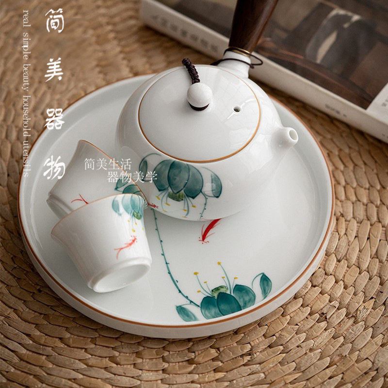 简美 圆形陶瓷手绘干泡盘办公室茶具壶承家用小茶台托盘茶点果盘