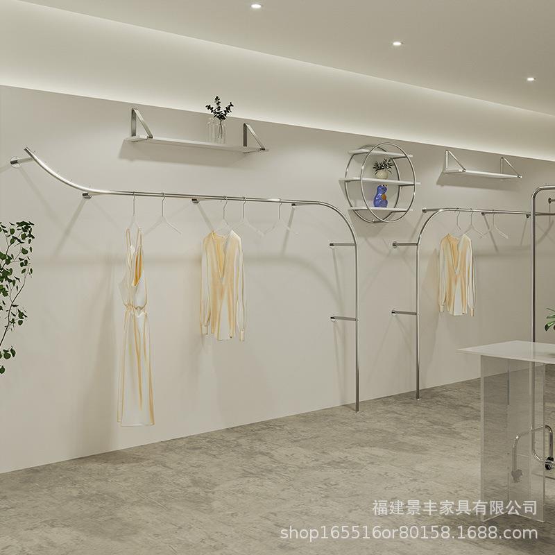服装店上墙货架侧挂女装店专用银色不锈钢陈列展示架挂衣架壁挂式