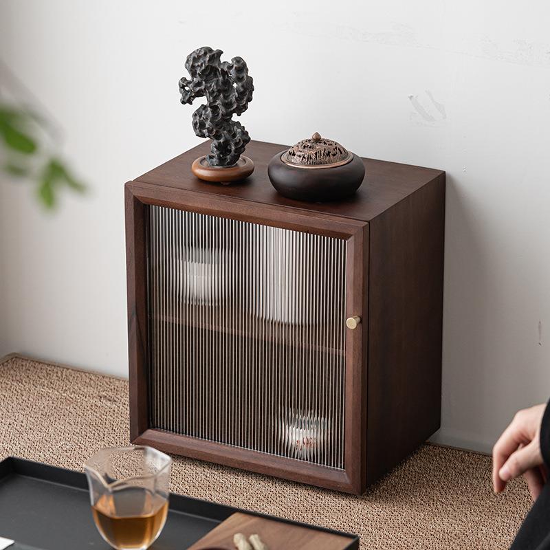 茶馆泡茶胡桃木玻璃门储物柜置物柜茶杯茶具器皿摆件防尘收纳柜