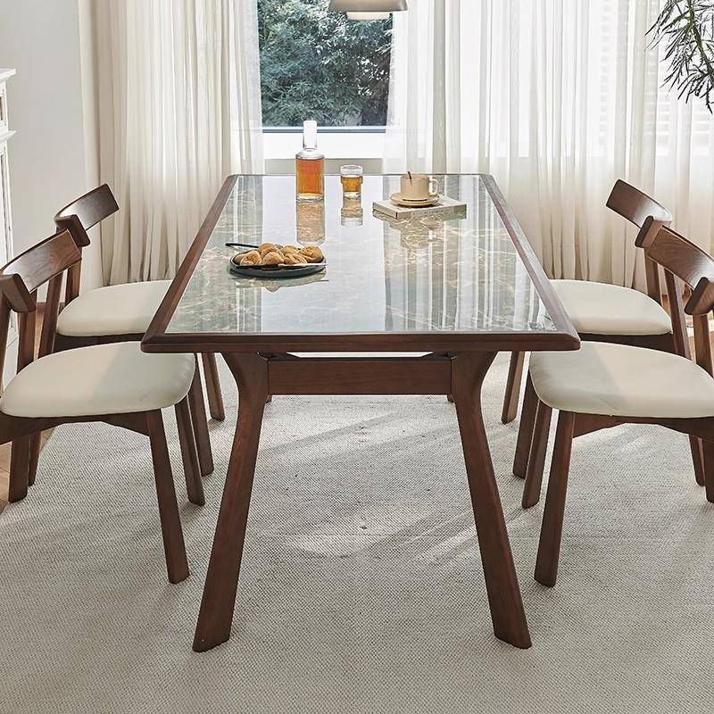 意式轻奢高端奢石岩板餐桌家用胡桃色现代简约长方形实木椅子餐桌