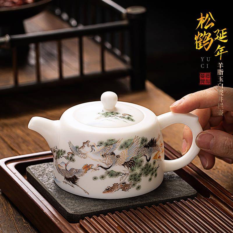 创意国潮玉瓷茶壶高档德化白瓷泡茶壶单个带过滤西施壶松鹤井栏壶