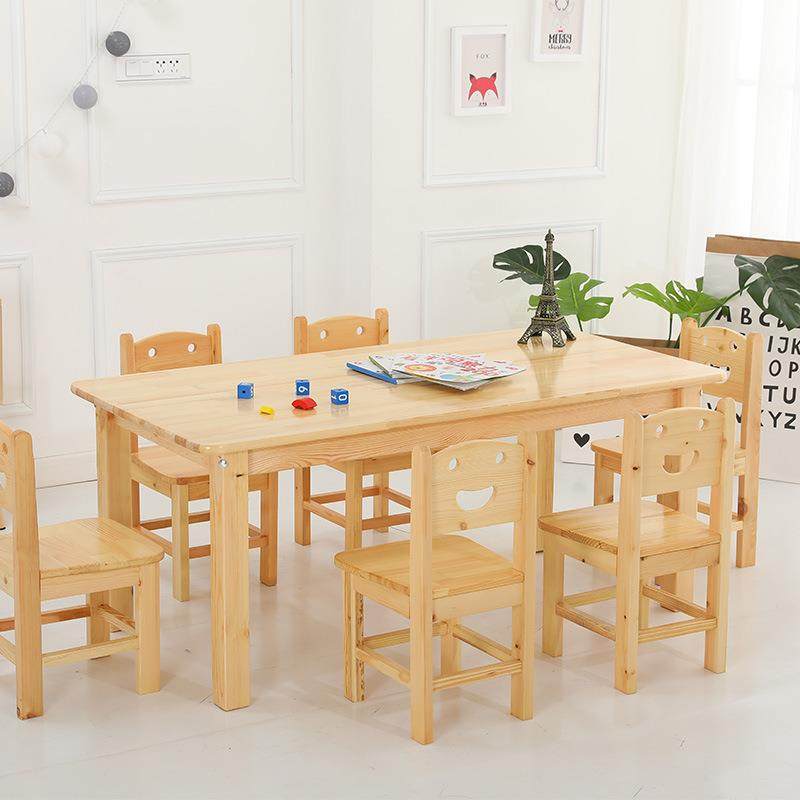 幼儿园桌子实木学习课桌椅樟子松儿童长方桌六人木质课桌椅组合