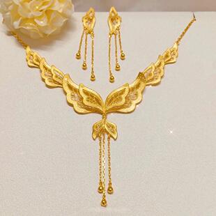 花丝蝴蝶链蕾丝项链女仿真黄金色沙金新中式镂空婚嫁仿三金锁骨链