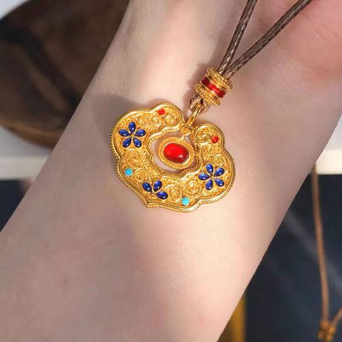 沙金花丝凤华如意兰花锁包吊坠如意绳项链毛衣链送女友久不掉色