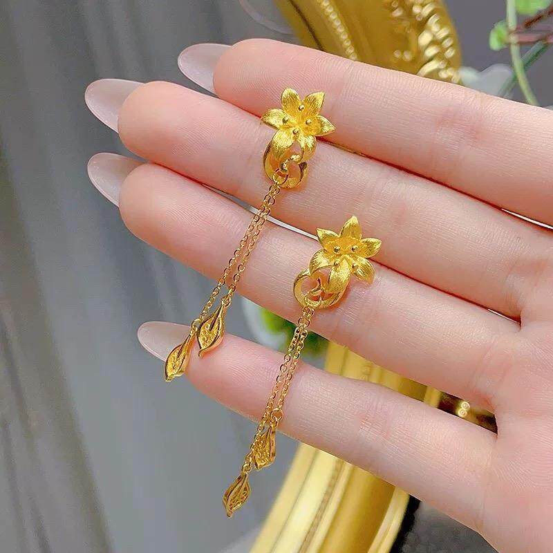 花蕊仙百合沙金耳钉流苏长耳线黄金色婚嫁花开荷花仿真假三金耳环