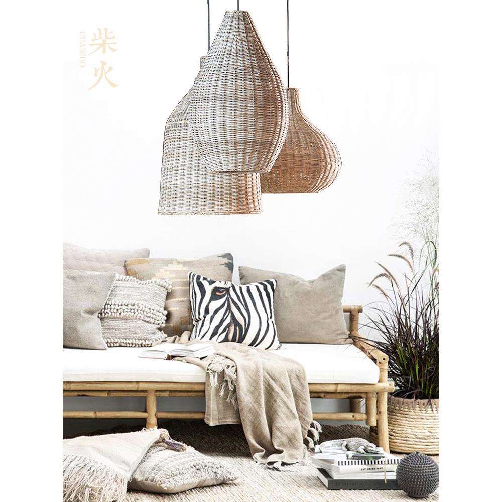 藤艺吊灯新中式北欧轻奢欧式沙发客厅卧室民宿灯具日式复古竹编灯