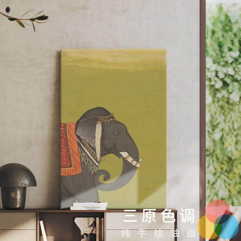 中古风大象手绘油画客厅装饰画动物小众艺术寓意好入户门玄关挂画
