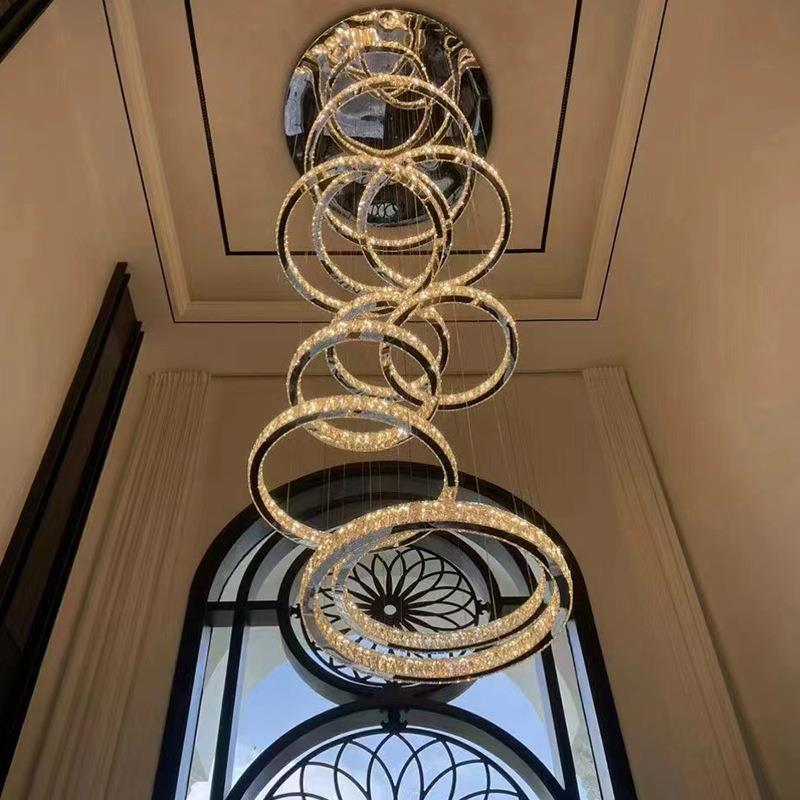 别墅客厅大吊灯复式楼梯圆圈环形楼中楼轻奢水晶灯楼梯长吊灯
